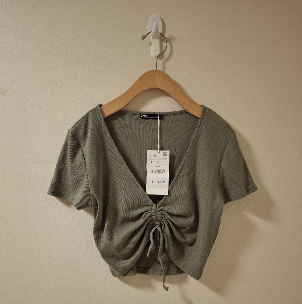 Zara Ruched Ribbed Green Crop Top